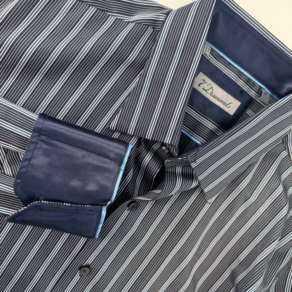 7Diamonds Mens Dress‎ Shirt Size Medium Flip Cuff Striped Button Down Blue White
